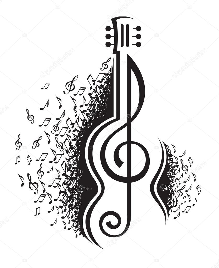 Monochrome illustration of musical notes and guitar