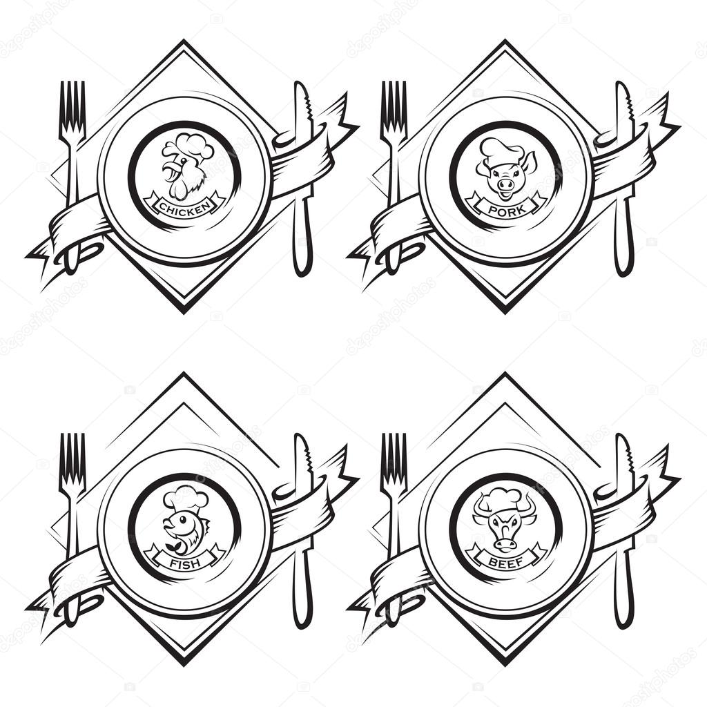 Monochrome illustrations of dish with knife and fork