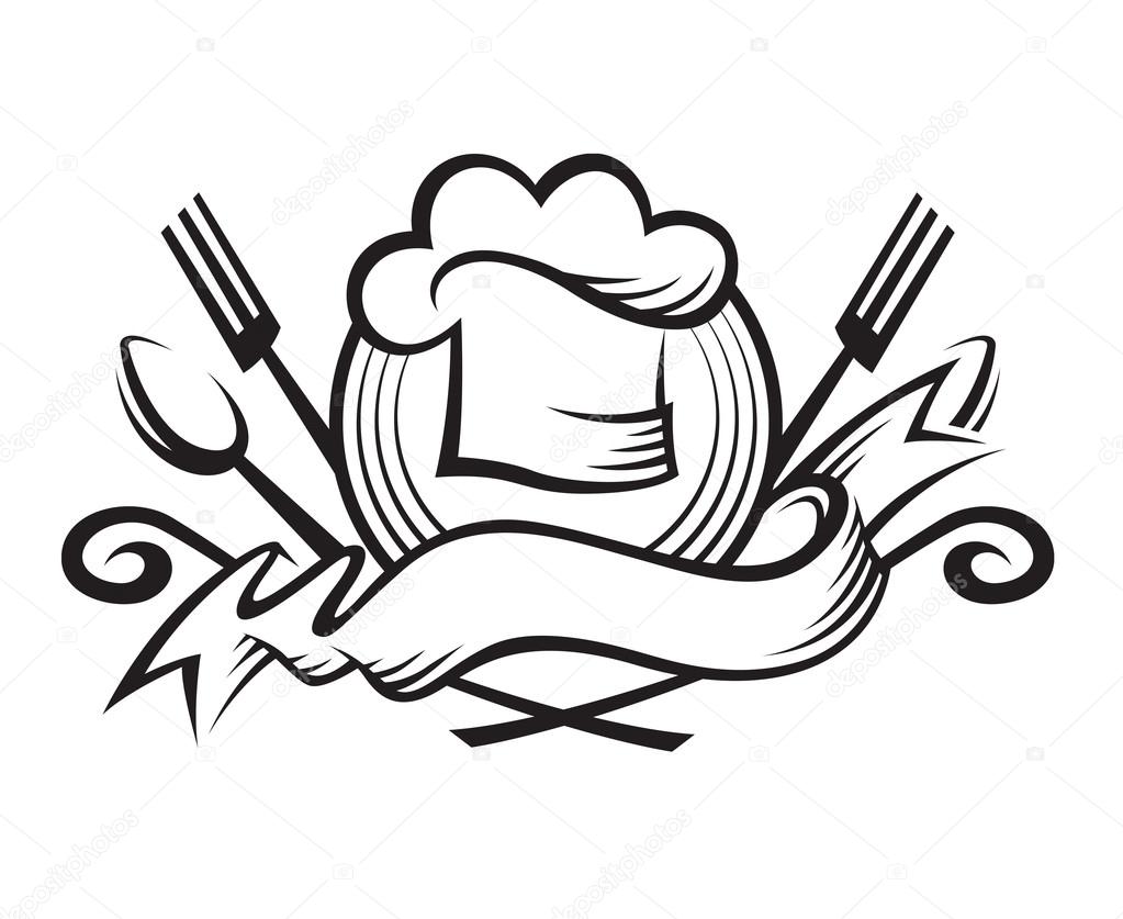 Monochrome illustration of a chef hat with spoon, fork and ribbon
