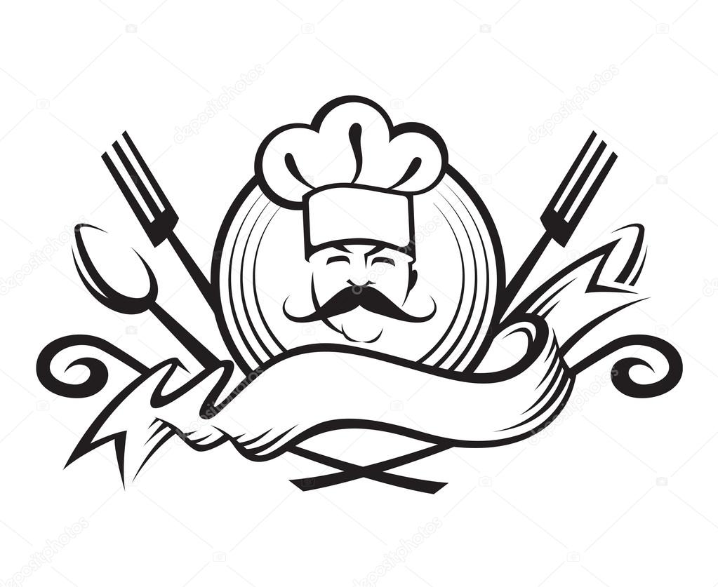 Monochrome illustration of a chef with spoon, fork and ribbon
