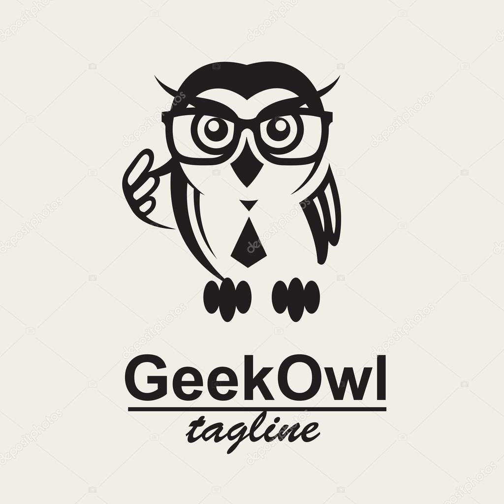 Monochrome icon with geek owl in glasses