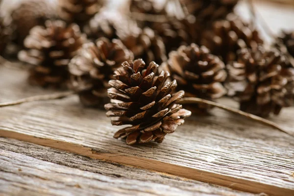 Pinecones on Wood Background Stock Photo