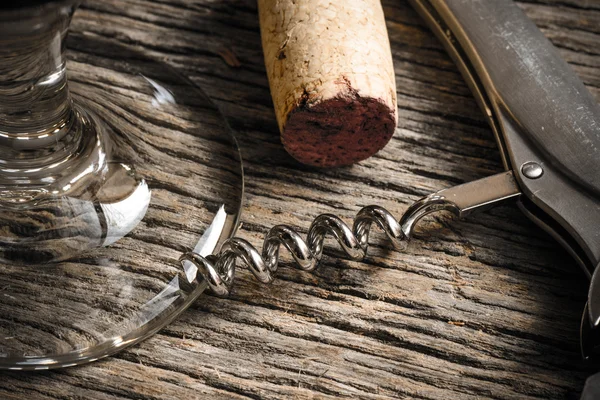 Wine Glass with Cork and Corkscrew — Stock Photo, Image