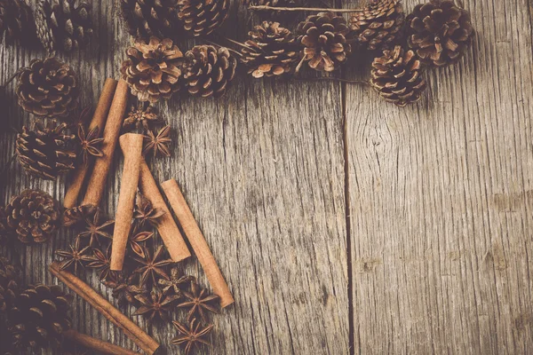 Cinnamon sticks, star anise and pine cones — Stock Photo, Image