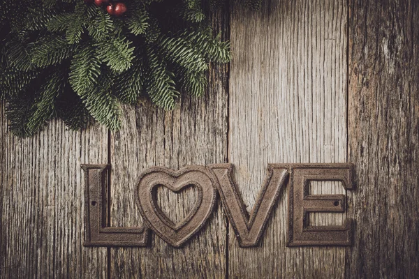 Láska Text s větvemi borovic — Stock fotografie