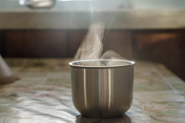 Liquid Evaporation Thermos Cup Hot Drink Cold Morning Smoke Steam — Stock Photo, Image
