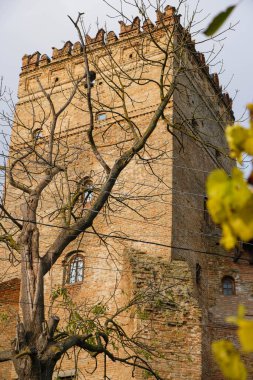 Lubart Kalesi Kulesi ve güneşli bir sonbahar sabahında kuru bir ağaç. Eski Lutsk kasabası, Volyn, Ukrayna. Ukrayna turizmi. Dikey resim.