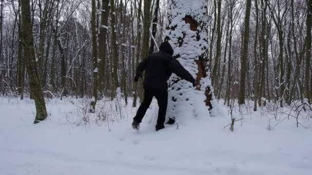 Чоловік Капюшоні Обіймає Снігове Дерево Сніг Падає Людину Зимовий Ліс — стокове відео