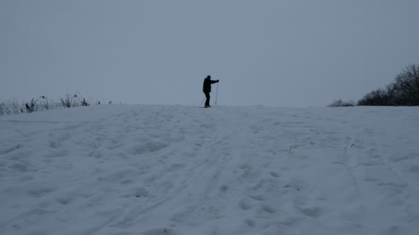 Einsame Silhouette Eines Skifahrers Horizont Düsterer Wintermorgen Wellness — Stockvideo