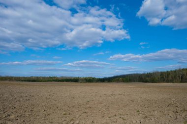 Bulutlu gökyüzü ile yeni sürülmüş çiftlik arazisi. Tarım konsepti. Boşluğu kopyala.