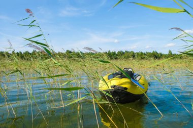 Issız bir göl dalgasında insanların sallanmadığı sarı bir kano. Temiz su. Tebeşir. Ufuktaki orman.