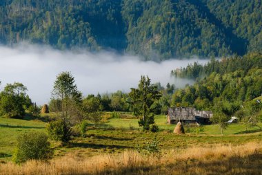 Dağ Karpatya manzarası. Ahşap kulübeler ve saman. Sabah sisi. Yerel turizm konsepti. Boşluğu kopyala.