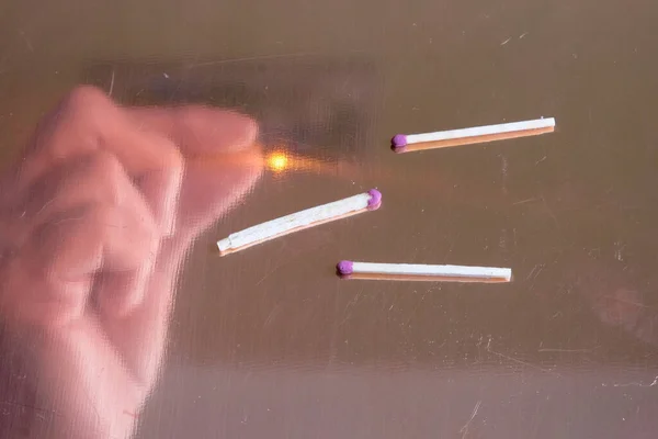 Copper Surface Matches Reflecting Hand Fire Set Fire Match — Stock Photo, Image