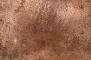 Eski metal bakır yaprağın dokusu. Çizikler, oksitlenme noktaları, yansımalar. Boşluğu kopyala.