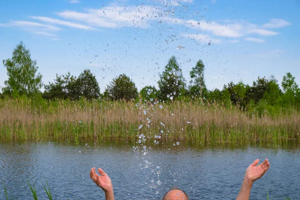 Bald Head Hands Motion Happy Senior Man Splashes Water Standing — Stock Photo, Image