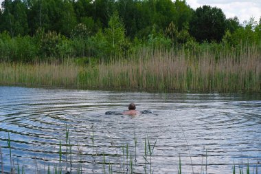 A lonely old man swims on a deserted forest lake.