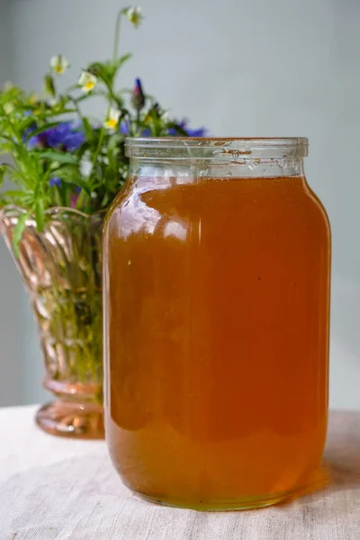 Glass Jar Natural Honey Kitchen Table Vase Flowers Vertical Image — Stockfoto