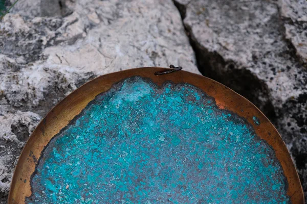 Texture Copper Blue Green Color Patina Oxidized Copper Plate Decorative — Stock Photo, Image