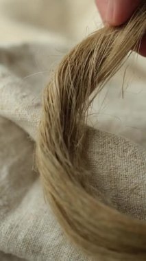 Kadının elinde kenevir lifleri var. Kenevir kumaşı ya da kenevir bezi. Sürdürülebilir ve çevre dostu tekstil talebi.