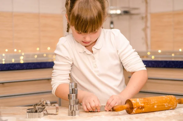 Cute Happy Girl Learns How Cook Christmas Gingerbread Cookies Bright — Stock Photo, Image