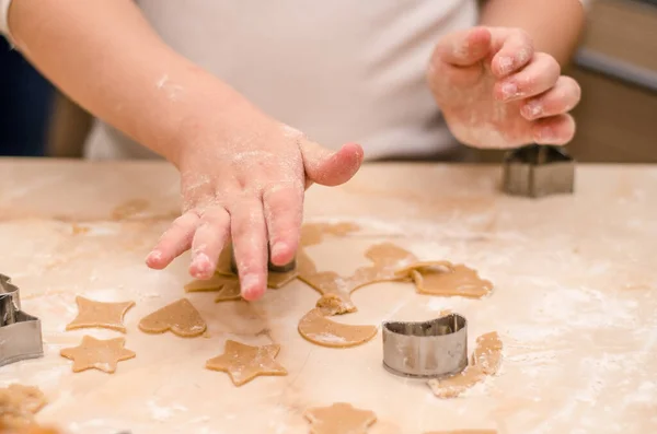 Children Hands Preparing Festive Gingerbread Cookies Christmas Rolled Out Dough — Stock Photo, Image