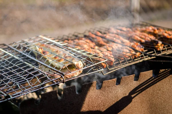 Jugosa carne de pollo y pescado se fríen en la parrilla con humo, al aire libre en primavera tiempo soleado —  Fotos de Stock