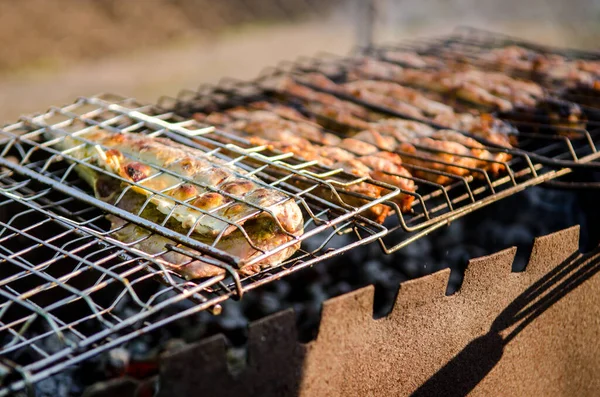 Juicy chicken meat and fish are fried on grill with smoke, outside in spring sunny weather
