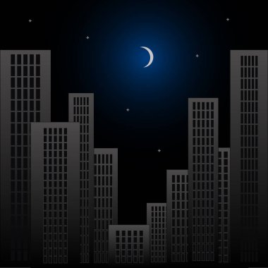 Gece işi Ukrayna 'da, gökdelenler, gökdelenler, gökyüzü ve ay, siyah beyaz mavi renkte.