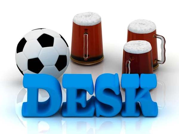 DESK blue bright word, football, 3 cup beer — Stock Photo, Image