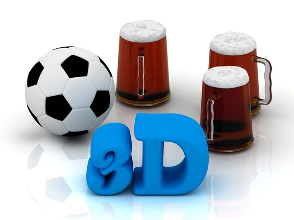 3d 밝은 단어, 축구, 3 컵 맥주 — 스톡 사진