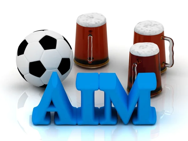 AIM bright word, football, 3 cup beer on — Stock Photo, Image