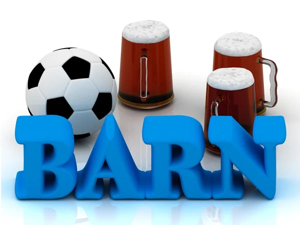 Schuur blauwe heldere word, voetbal, 3 cup bier — Stockfoto