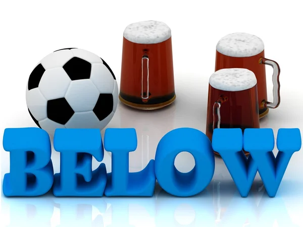 BELOW blue bright word, football, 3 cup beer — Stock Photo, Image