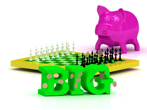 Grote heldere word, geld, roze piggy, gele Schaken — Stockfoto