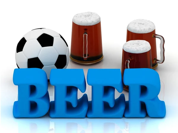 啤酒蓝色明亮词，足球，3 杯啤酒 — 图库照片