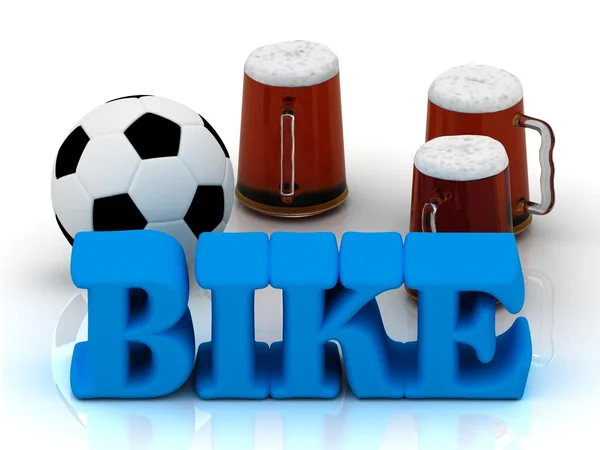 BIKE blue bright word, football, 3 cup beer — Stock Photo, Image