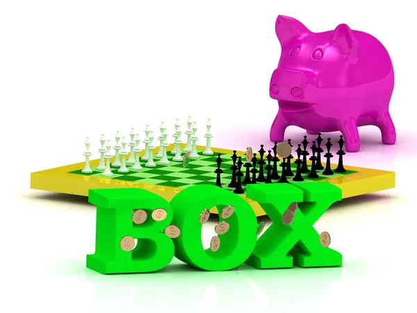 BOX яскраве слово, гроші, рожева свиня, жовті шахи — стокове фото
