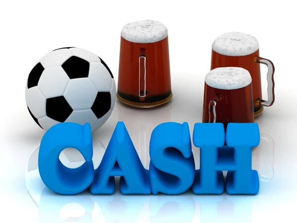 CASH azul palavra brilhante, futebol, 3 copo de cerveja — Fotografia de Stock
