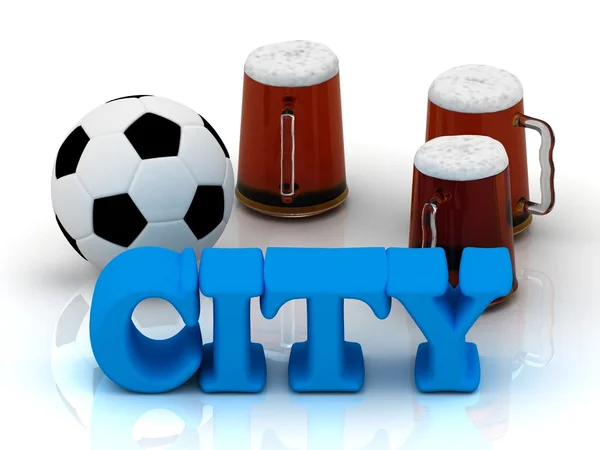 Stad blauwe heldere word, voetbal, 3 cup bier — Stockfoto