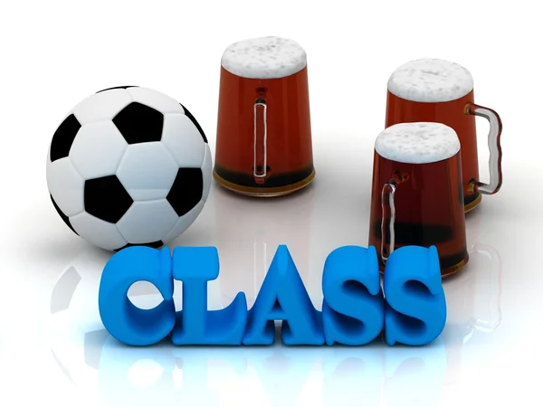 CLASSE azul palavra brilhante, futebol, 3 copos de cerveja — Fotografia de Stock