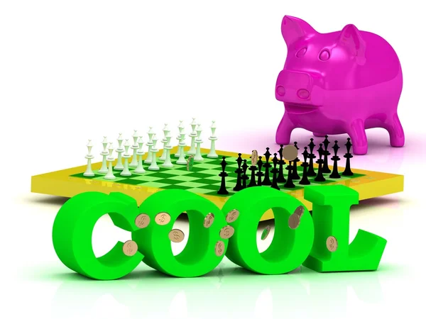 COOL bright word, money, pink piggy, yellow chess — Stock Photo, Image