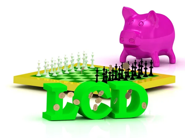 Helder LCD-woord, geld, roze piggy, gele Schaken — Stockfoto