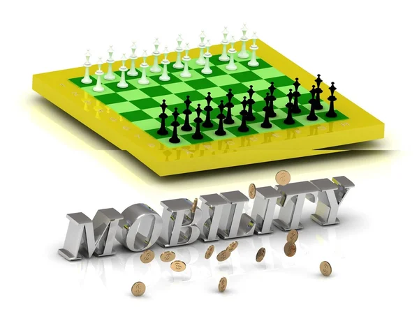 Mobilität helle goldene Buchstaben Geld und gelbes Schach — Stockfoto