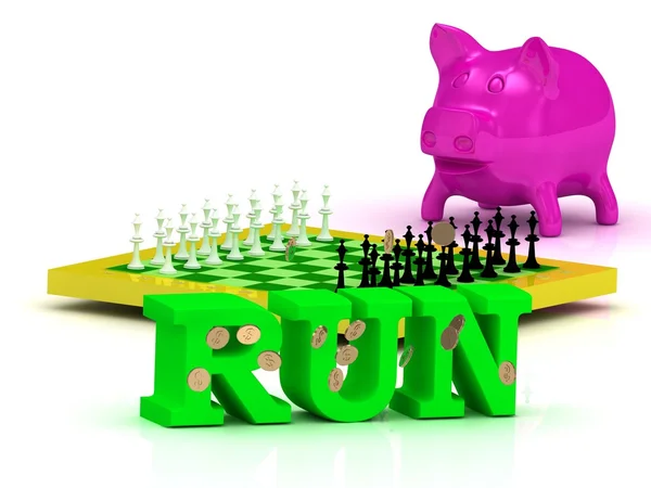 RUN palabra brillante, dinero, cerdito rosa, ajedrez amarillo — Foto de Stock