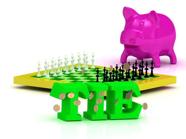 Krawatte helles Wort, Geld, rosa Schweinchen, gelbes Schach — Stockfoto