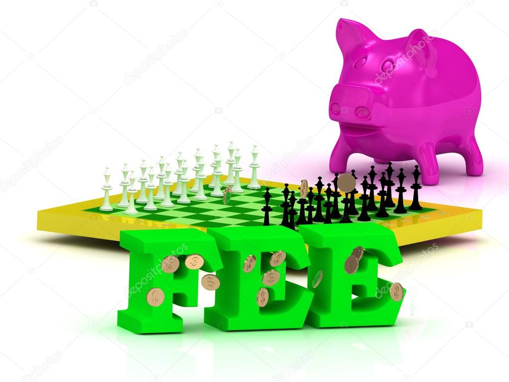 FEE bright word, money, pink piggy, yellow chess 