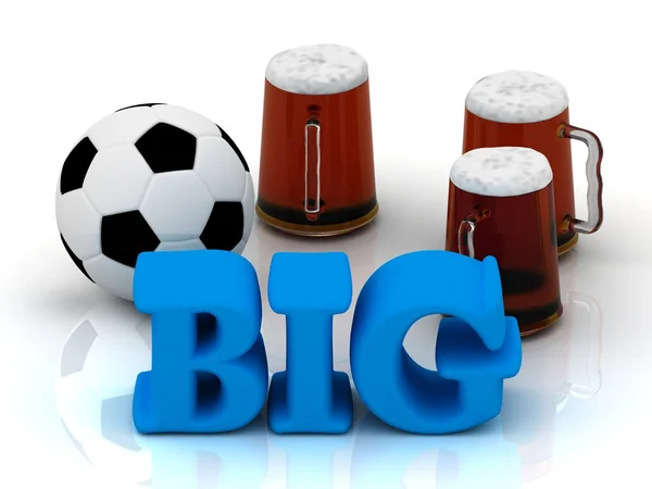 BIG blue bright word, football, 3 cup beer — Stock Photo, Image