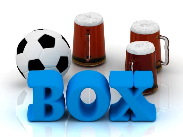 BOX blue bright word, football, 3 cup beer — Stock Photo, Image