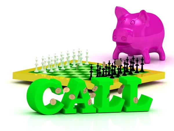 Bel heldere word, geld, roze piggy, gele Schaken — Stockfoto