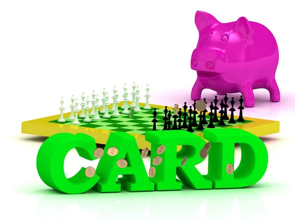 Κάρτα φωτεινά λέξη, χρήματα, ροζ γουρουνάκι, κίτρινο σκάκι — Φωτογραφία Αρχείου